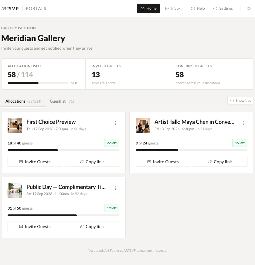 Meridian Gallery portal showing guest allocations for a preview, artist talk, and complimentary public day tickets