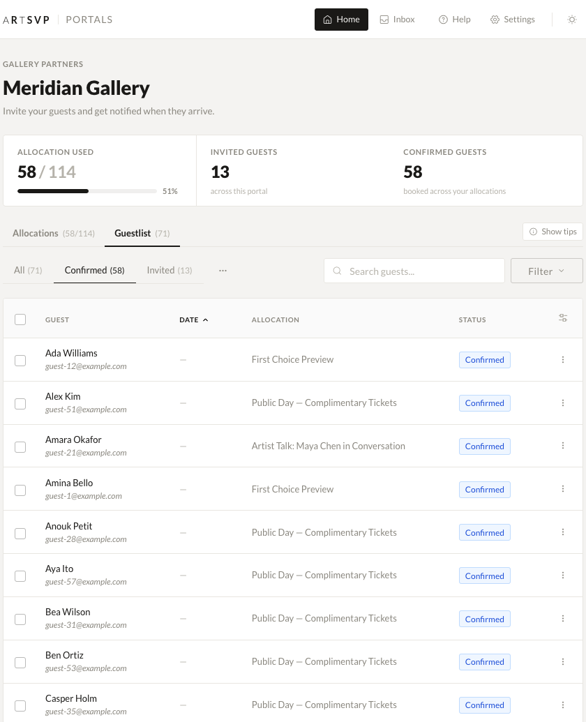 Meridian Gallery portal guest list filtered to confirmed guests