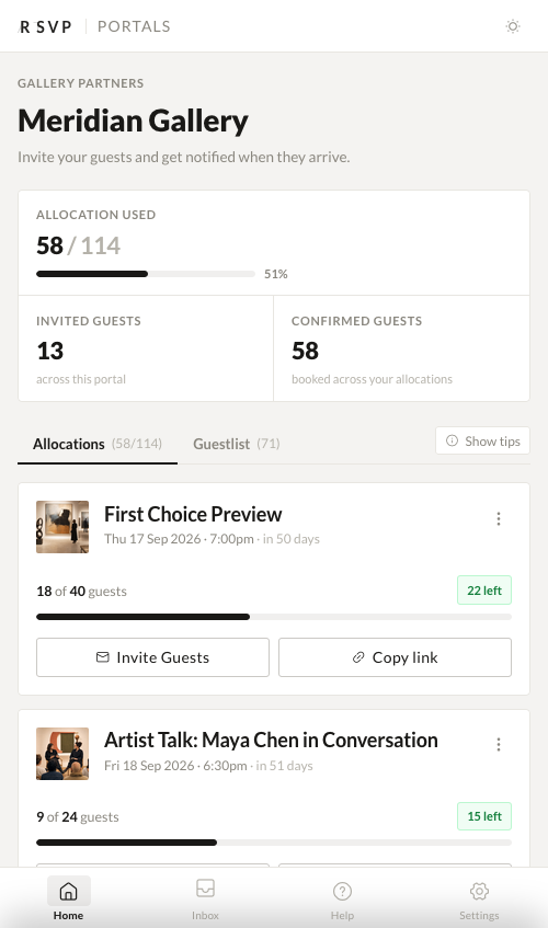 Meridian Gallery portal allocation view on mobile
